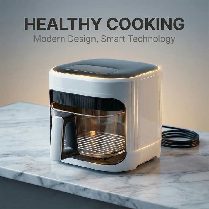 Еърфрайър 5L, фритюрник с горещ въздух, 1350W, тъч панел, регулируема температура 80–200°C, готвене без мазнина, 7 програми, за 3–5 души