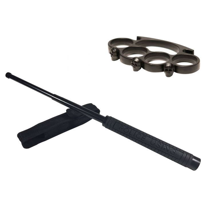 Set baston telescopic Police, 49 cm si box craniu negru