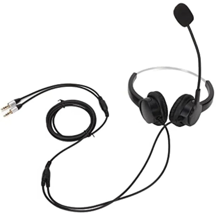 Слушалки за кол център K0584-CJ-260910-1170, с микрофон с шумопотискане и акустична защита, високоговорители 150 Ω, двоен 3.5 мм конектор, въртящо се рамо на микрофона на 330°, леки, черни