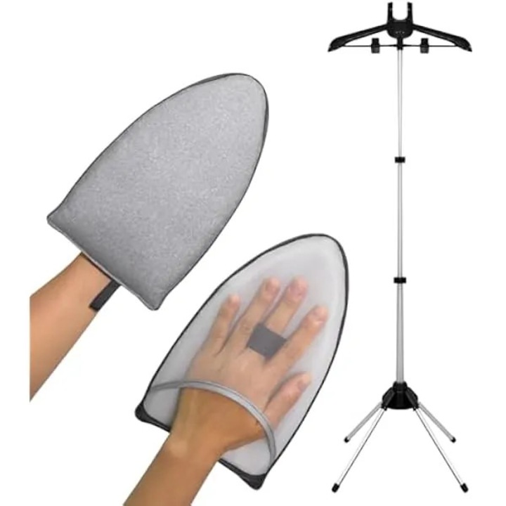 Suport pentru aburi cu manusa de calcat, din aluminiu si plastic, reglabil, pliabil, rotire 360°, 160 cm, negru/argintiu