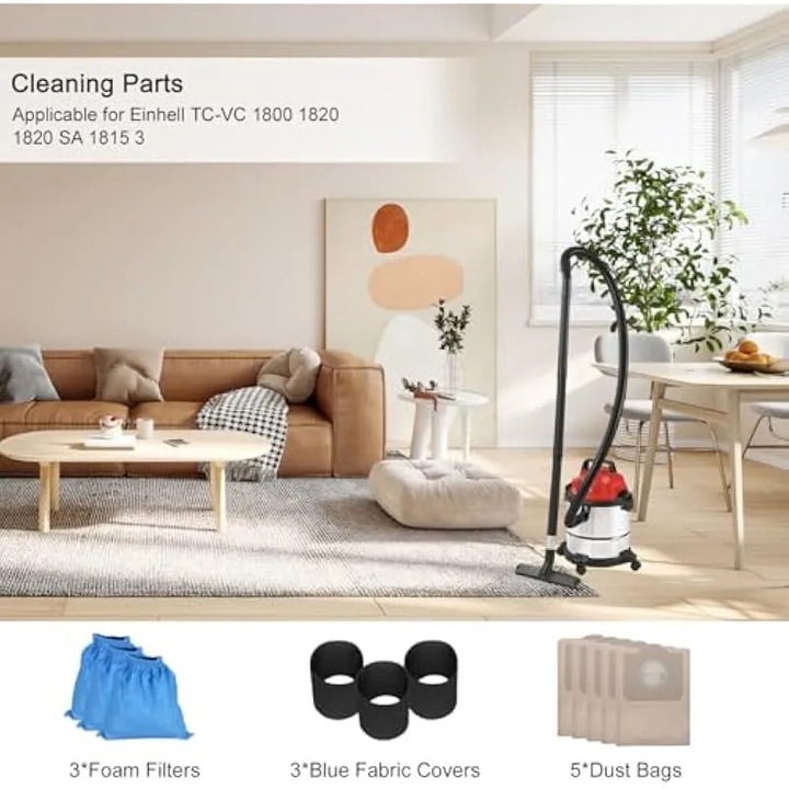 Set de filtre compatibile cu Einhell TC-VC 1800/1820/1820 SA/1815 K0544-260910-210-AMC, 3 filtre din spuma, 3 huse textile albastre, 5 saci pentru praf