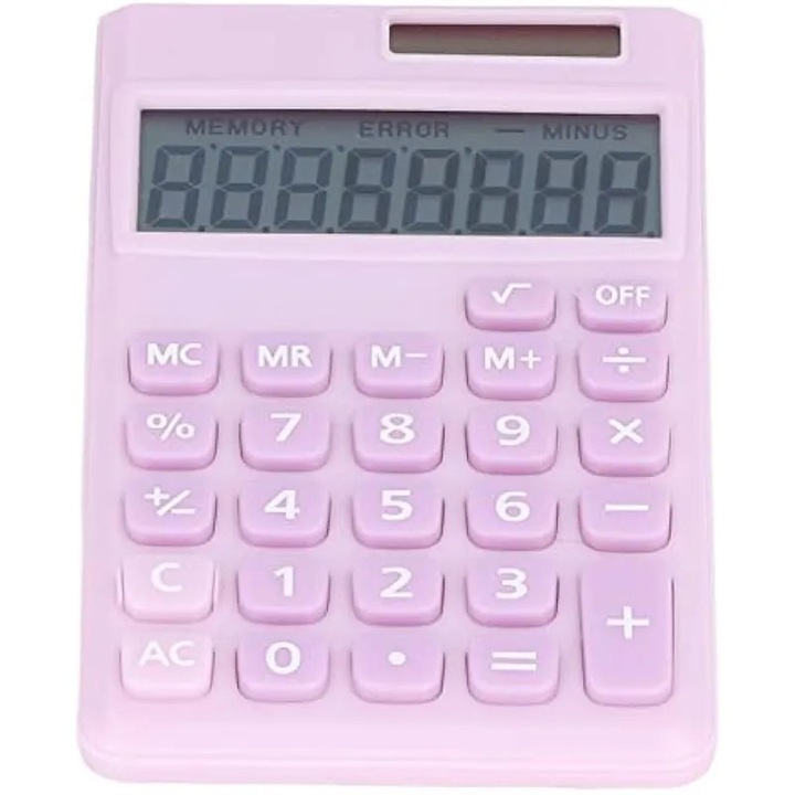 Калкулатор преносим K0544-260910-2072-AMC, двойно захранване (соларно + батерия), LCD екран 8 цифри, големи чувствителни бутони, ABS корпус, бледорозов