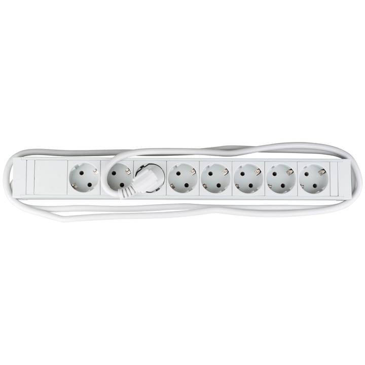 PDU удължител 19", Schrack, 8 гнезда Schuko, PVC профил 1.25U, свързващ кабел 2m, бял-RAL7035
