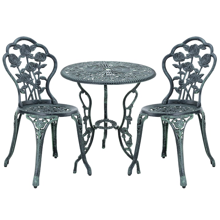 [casa.pro]® Bisztró szett kerti asztal Ø 60cm x 67 cm két székkel vintage öntöttvas zöld