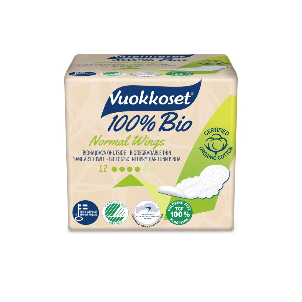 Absorbante finlandeze Vuokkoset 100% bio Normale cu aripioare, de zi, 12 buc, ambalate individual