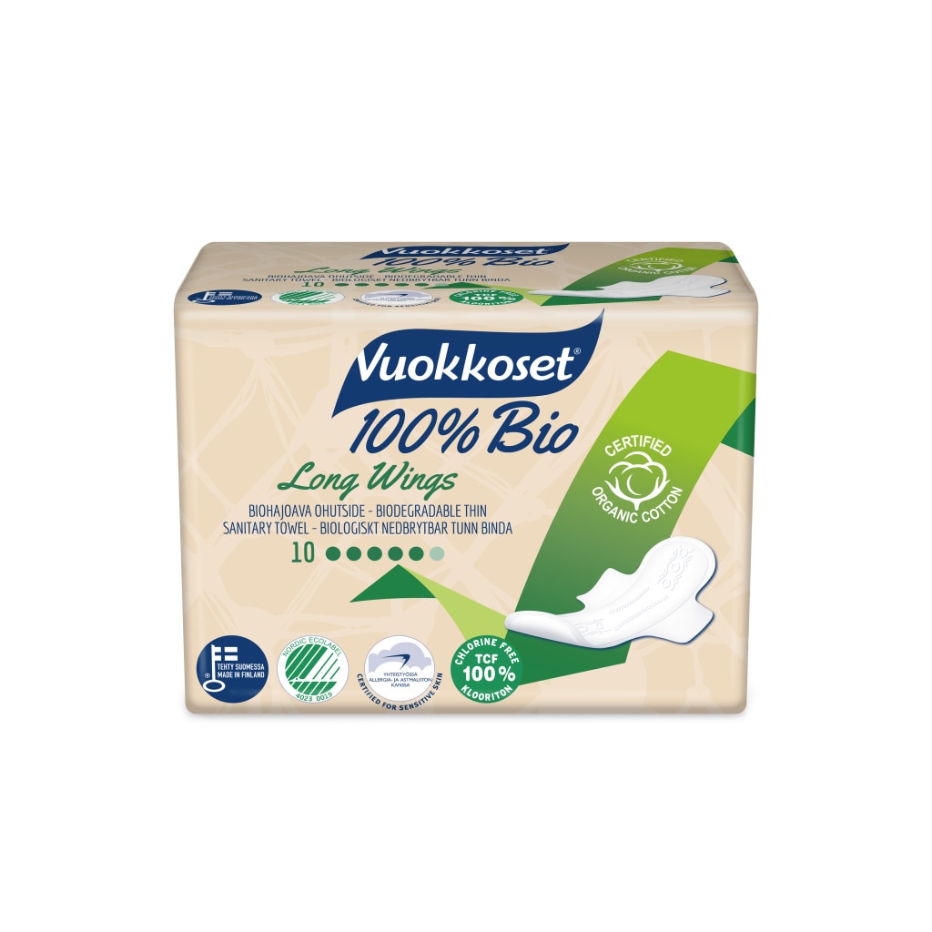Absorbante finlandeze Vuokkoset 100% bio, Normale cu aripioare, de noapte, 10 bucati
