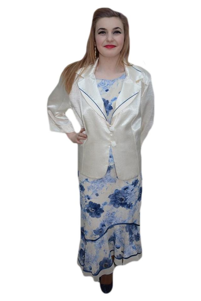 Costum de ocazie cu imprimeu floral ,masura mare, D&J Exclusive, Albastru, 50