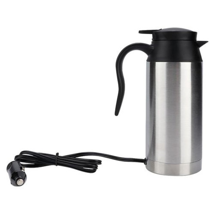 Електрическа кана за кола CJMA-K0596-260909-1201, 12V, от неръждаема стомана, 750 мл, автоматично изключване при 100°C, светлинен индикатор, сребрист/черен