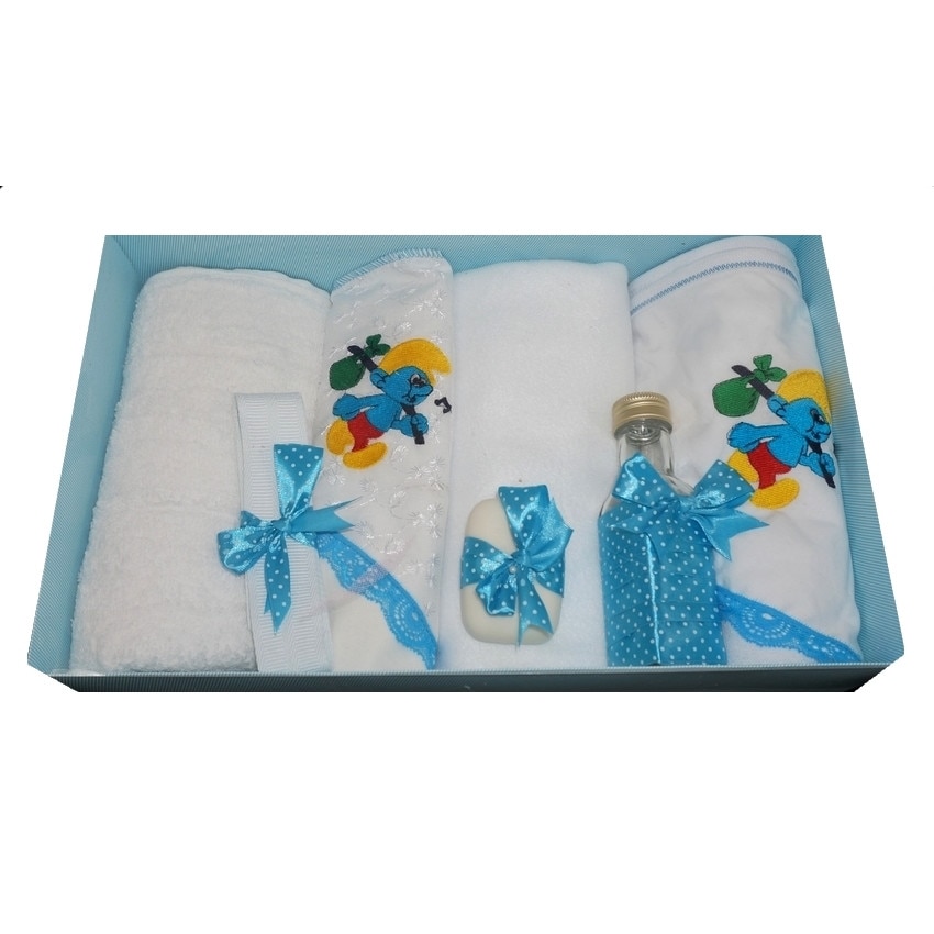 Trusou pentru botez, 7 piese, brodat cu figurina, Strumf, Little Angel, albastru