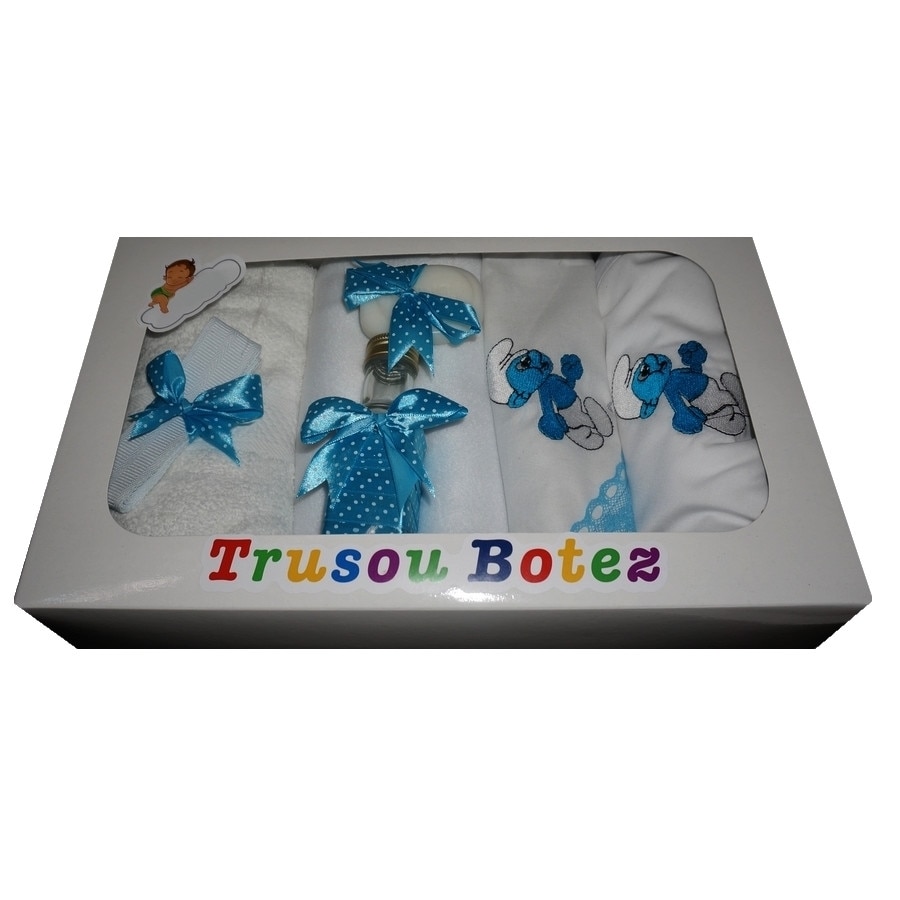 Trusou pentru botez, 7 piese, brodat cu figurina, Strumf, Little Angel, albastru cu buline