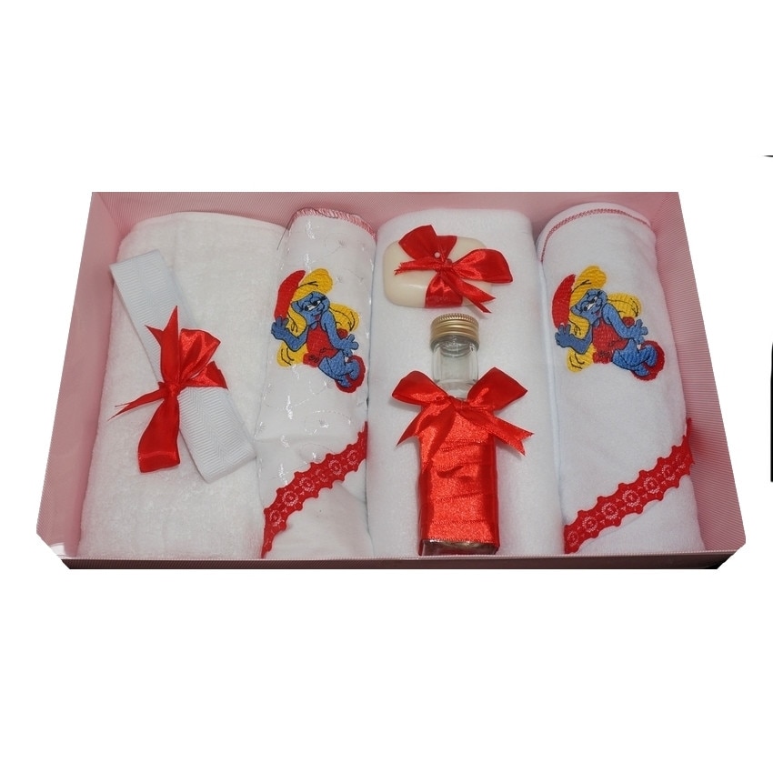 Trusou pentru botez, 7 piese, brodat cu figurina, Strumfita, Little Angel, rosu