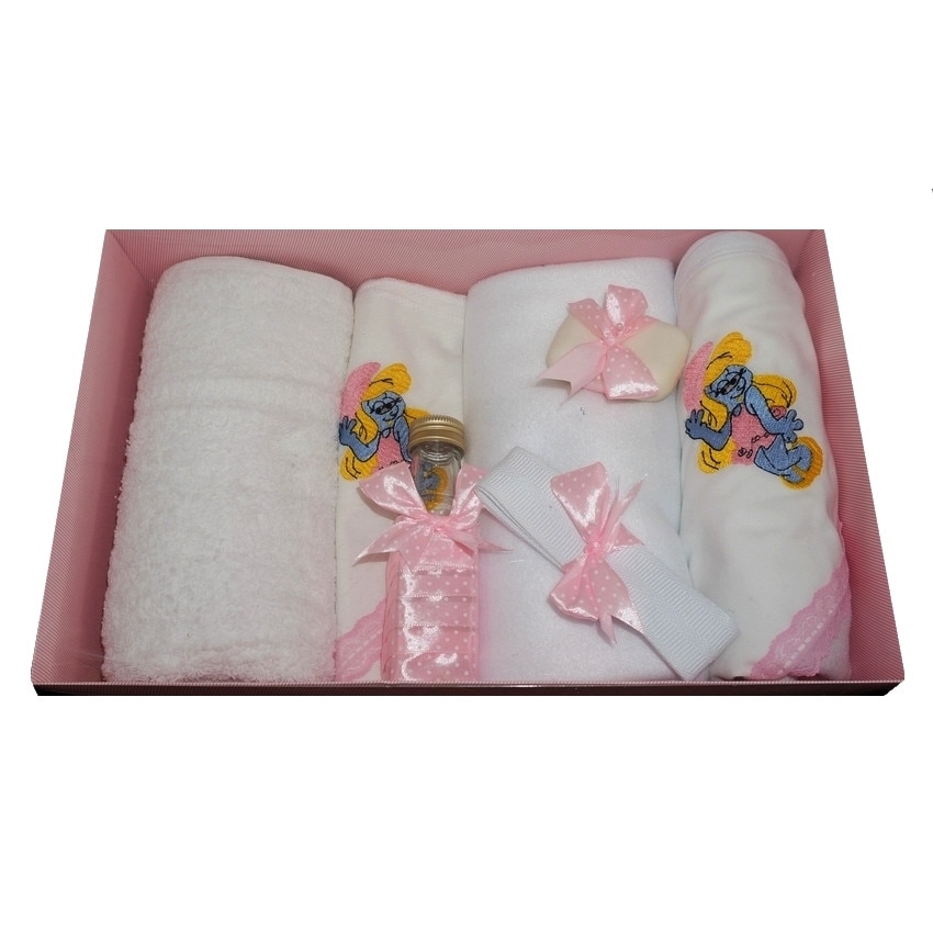 Trusou pentru botez, 7 piese, brodat cu figurina, Strumfita, Little Angel, roz