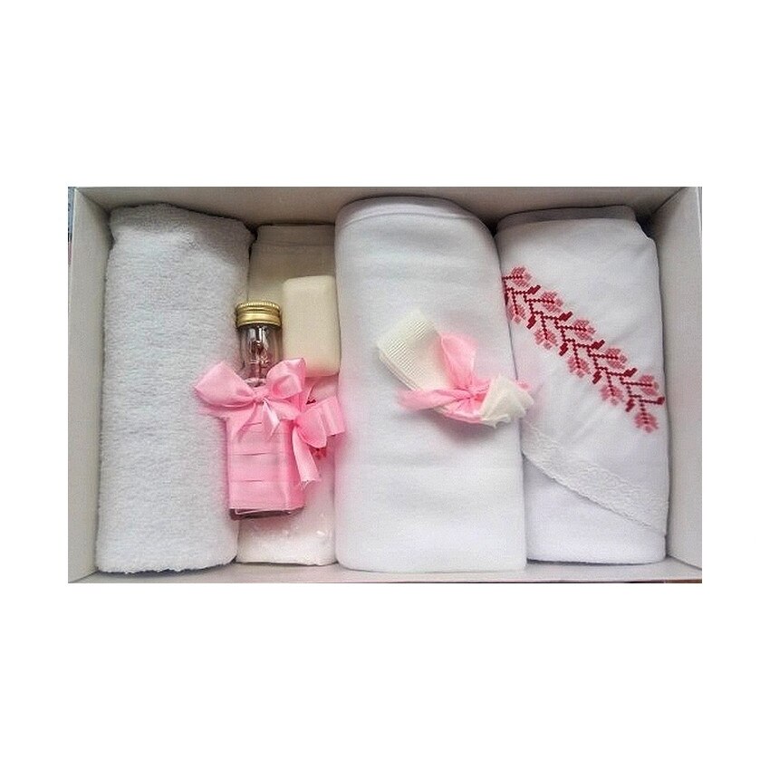 Trusou pentru botez, 7 piese, brodat cu figurina, Traditional, Little Angel, roz