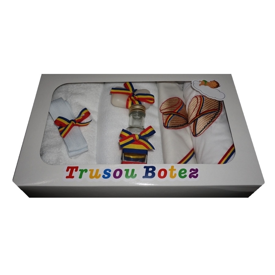 Trusou pentru botez, 7 piese, brodat cu figurina, Traditional, baiat, Little Angel, multicolor