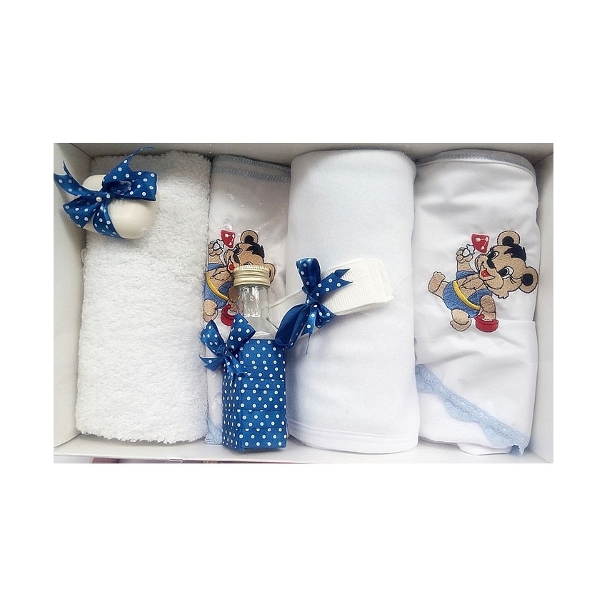 Trusou pentru botez, 7 piese, brodat cu figurina, Ursulet, Little Angel, albastru