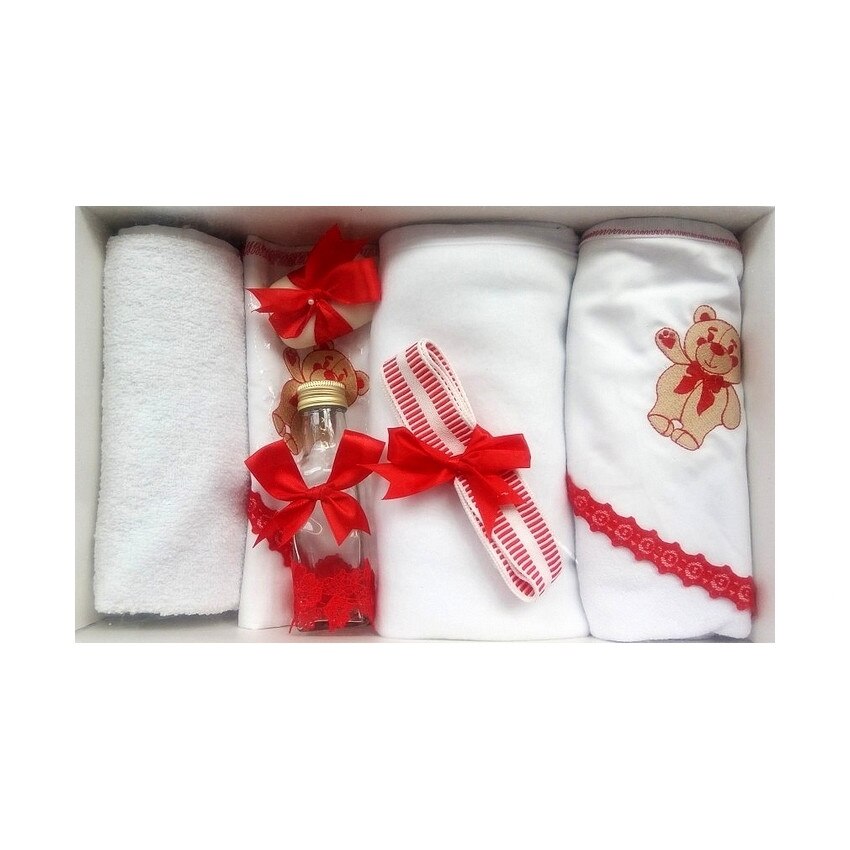 Trusou pentru botez, 7 piese, brodat cu figurina, Ursulet, Little Angel, rosu