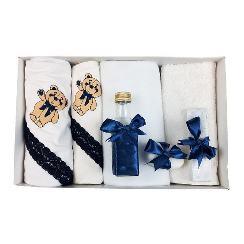 Trusou pentru botez, 7 piese, brodat cu figurina, Ursulet, Little Angel, bleumarin