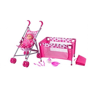 Set de joaca Bebelus cu carucior si patut Woodyland Set de joaca Bebelus cu carucior si patut Woodyland