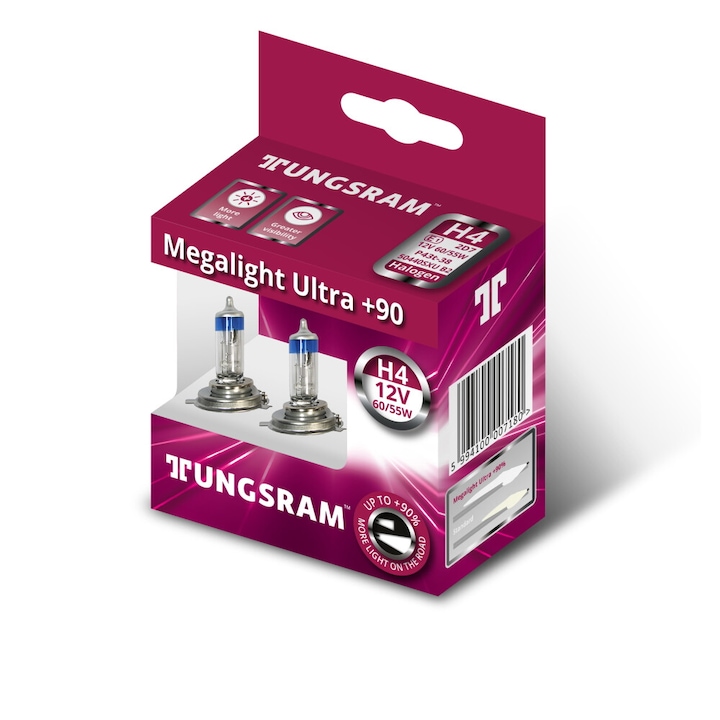Tungsram Megalight Ultra +90% H4 50440SXU autó izzó, 2db/csomag