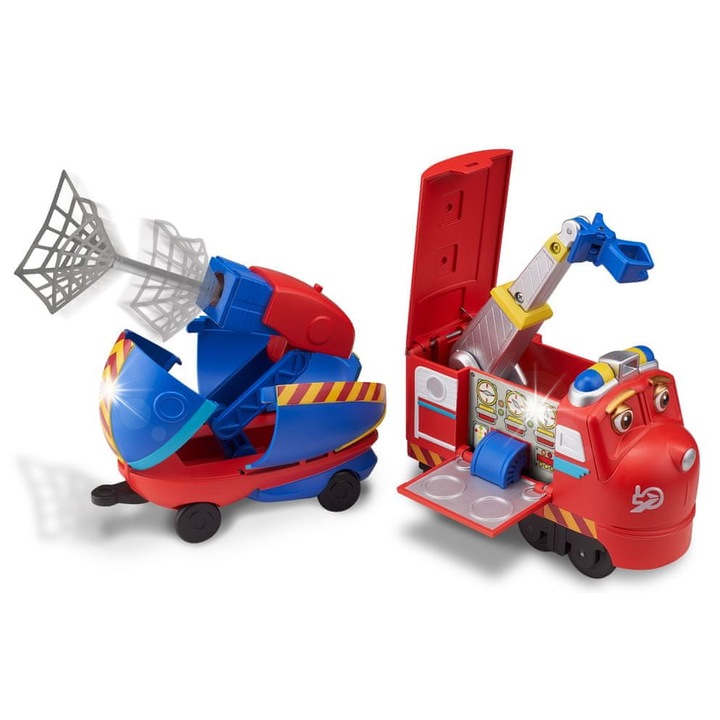Трансформиращ се влак Chuggington Wilson (Pop & Transform, EU890201 PZZJMEO1WGFA7O), разтегателен кран и спасителна мрежа, червен/син