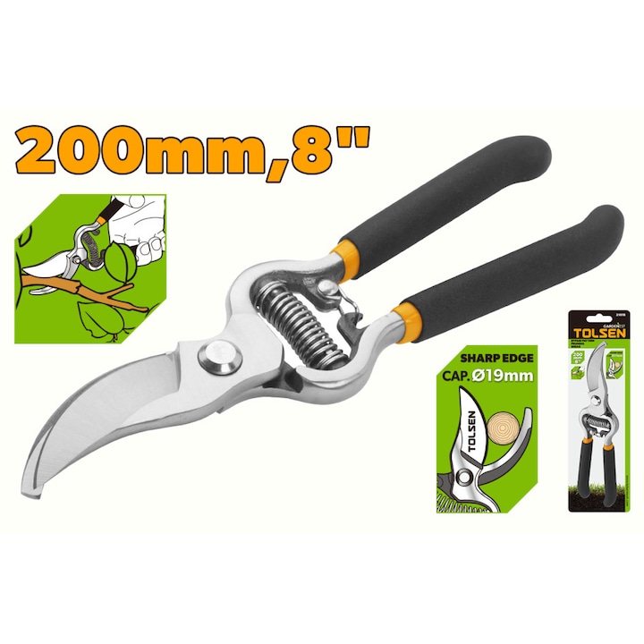 Foarfeca de gradina profesionale cu model cu derivatie 200 mm, polizat fin, maner inclinat Tolsen