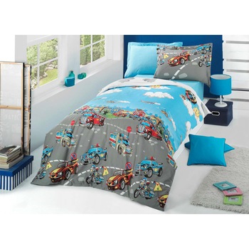 Lenjerie de pat copii Cars City bumbac 100%, 3 piese, 160 x 200, multicolor Lenjerie de pat copii Cars City bumbac 100%, 3 piese, 160 x 200, multicolor