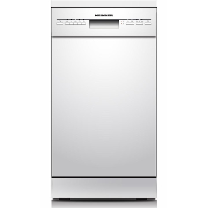 Masina de spalat vase Heinner HDW-FSM45510WE++, 10 seturi, Clasa E, Control electronic, 5 programe: intensiv, universal, eco, 90 min, rapid 30 min, Functie half load, Aquastop, Blocare acces copii, Latime 45 cm, Alb