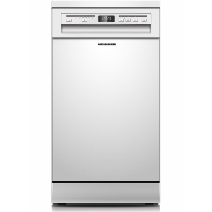 Masina de spalat vase Heinner HDW-FSM45609DWE++, 9 seturi, Clasa E, Control electronic, Display digital, 6 programe: intensiv, universal, eco, pahare, 90 min, rapid 30 min, Fuctie half load, extra uscare, Aquastop, Blocare acces copii, Alb