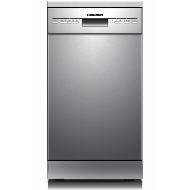 Masina de spalat vase Heinner HDW-FSM45510XE++, 10 seturi, Clasa E, Control electronic, 5 programe: intensiv, universal, eco, 90 min, rapid 30 min, Functie half load, Aquastop, Blocare acces copii, Latime 45 cm, Inox