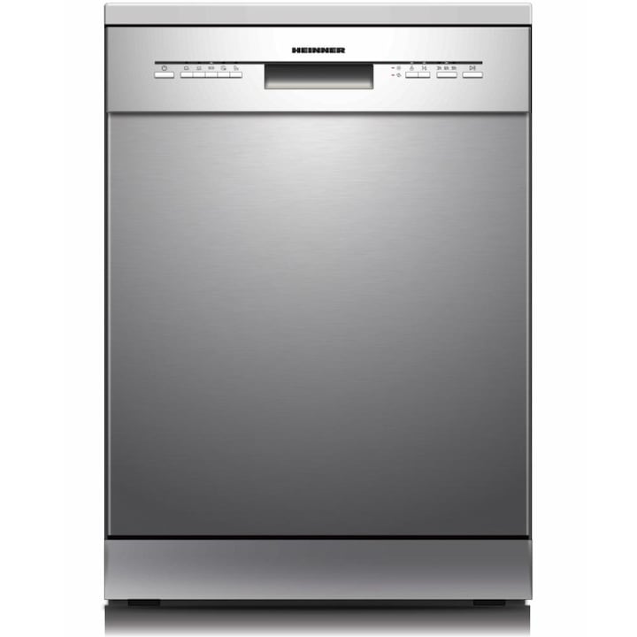 Masina de spalat vase Heinner HDW-FSM60514xE++, 14 seturi, Clasa E, Control electronic, 5 programe: intensiv, universal, eco, 90 min, rapid 30 min, functie hald load, Aquastop, Blocare acces copii, Latime 60 cm, Inox