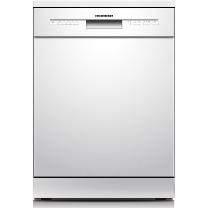 Masina de spalat vase Heinner HDW-FSM60514WE++, 14 seturi, Clasa E, Control electronic, 5 programe: intensiv, universal, eco, 90 min, rapid 30 min, functie hald load, Aquastop, Blocare acces copii, Latime 60 cm, Alb
