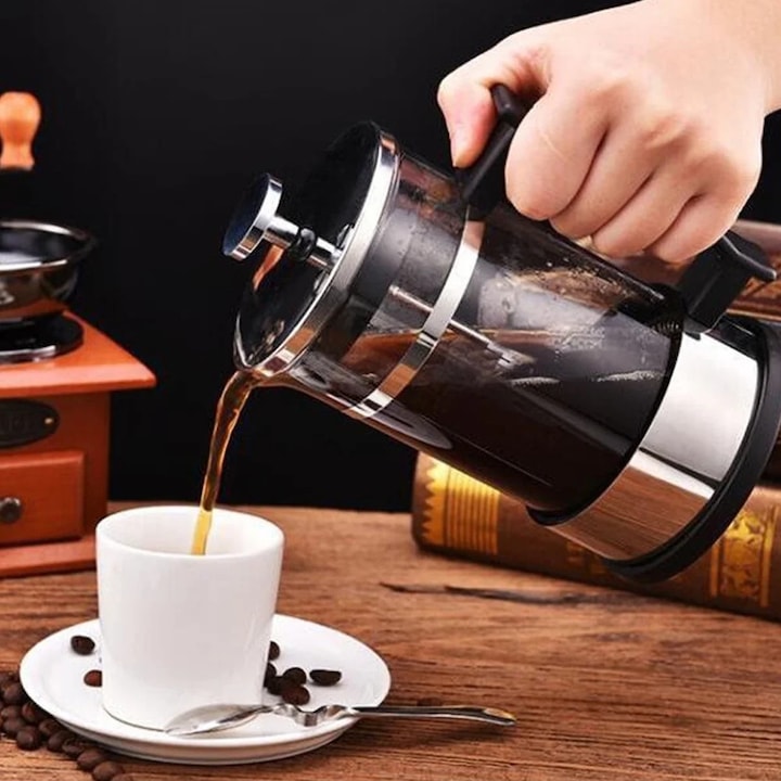 Cafetiera French press 260911BM00561, cadru din otel inoxidabil 304, carafa din sticla borosilicat cu dubla filtrare, negru/inox