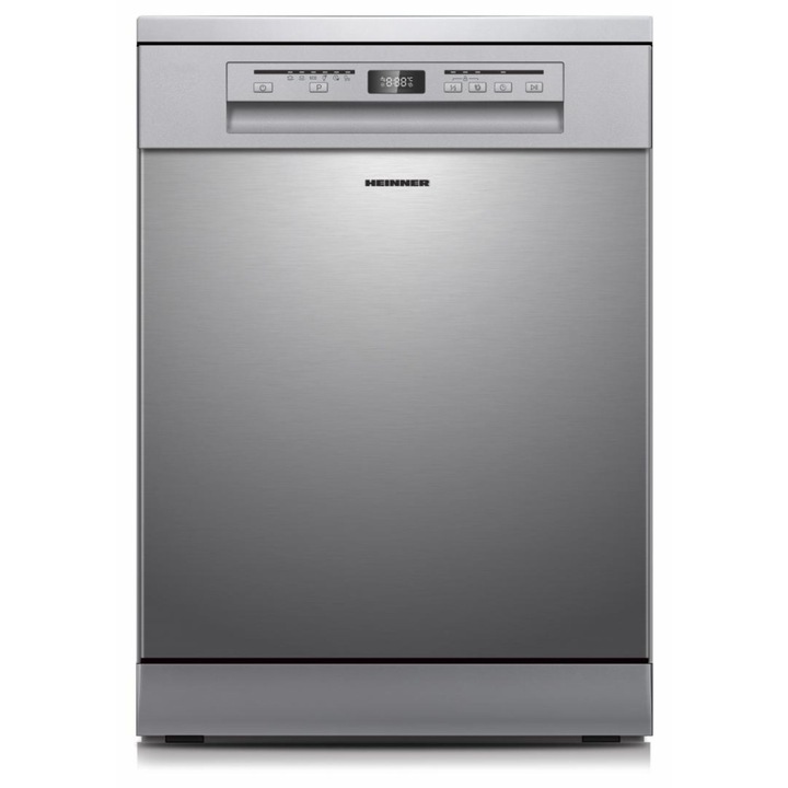 Masina de spalat vase Heinner HDW-FSM60614DXE++, 14 seturi, Clasa E, Control electronic, Display digital, 6 programe: intensiv, universal, eco, pahare, rapid 30 min, Functie half load, Extra uscare, Aquastop, Blocare acces copii, Latime 60 cm, Inox