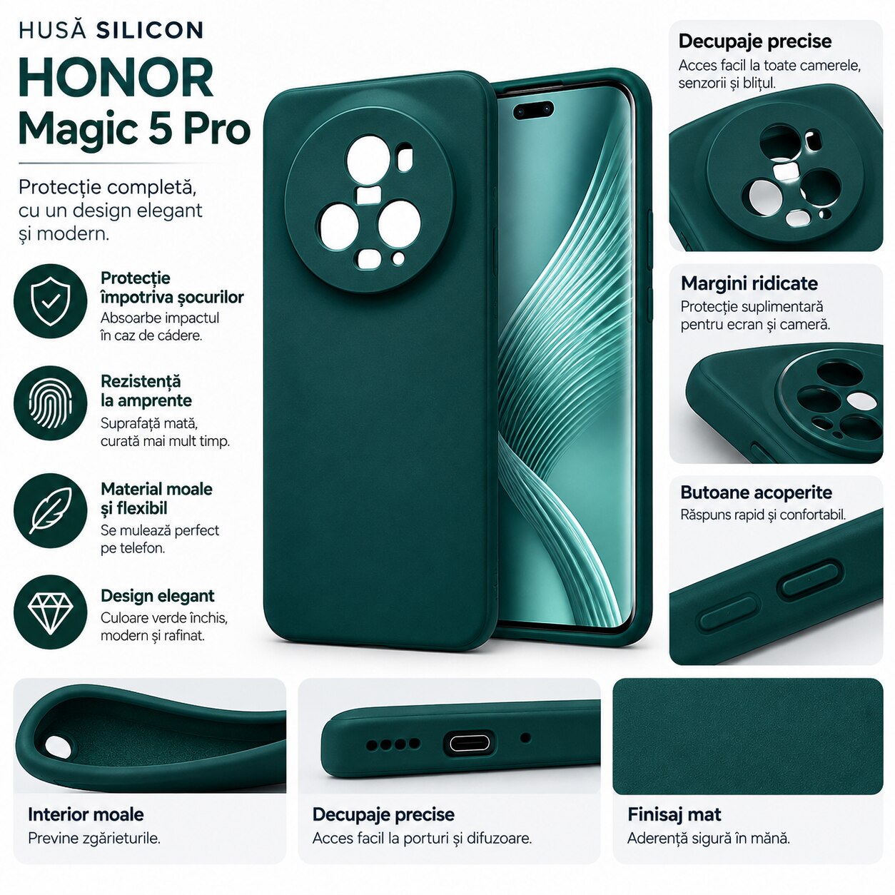 Husa silicon compatibila cu Honor Magic 5 Pro, catifea interior, Verde inchis