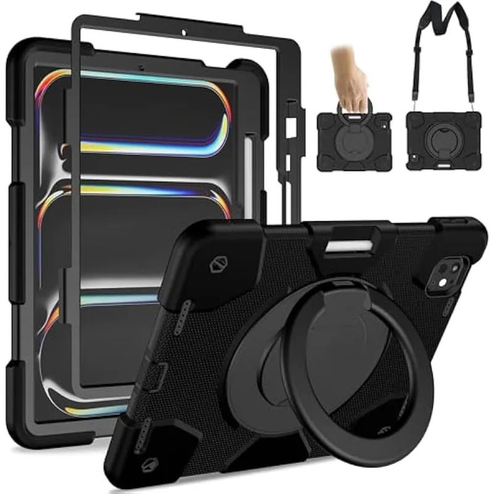 Husa Andnary pentru iPad Pro 11 inch M4 2024/M5 2025, husa rezistenta la socuri cu protector de ecran/suport rotativ la 360°/curea de umar/suport pentru creion (negru, iPad Pro M4/M5 11 inch)