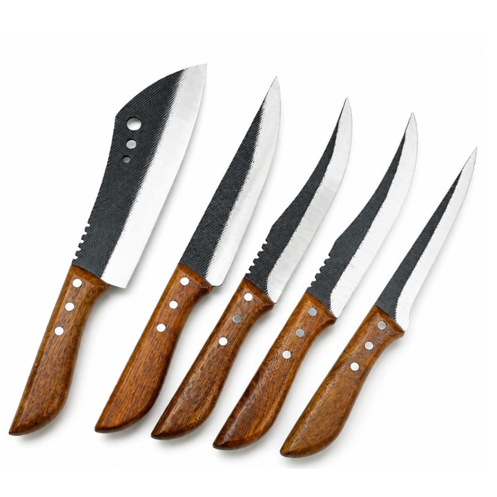 Set 5 Cutit Japonez Profesional, Lama Forjata din Otel Carbon, Maner Ergonomic din Lemn