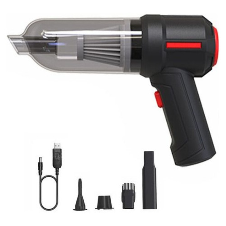 Suflanta-aspirator de praf 3 in 1 mo-k0509--260911-067, 120 W, 9000 Pa, baterie 4000 mAh, pana la 30 min, incarcare USB, negru/rosu