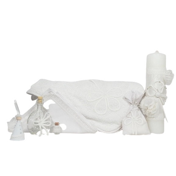 Set Trusou Botez complet cu Lumanare pentru biserica, Odorul Mamei, Ursitoarea cu Noroc, unicat, cu aplicatii - set 8 piese