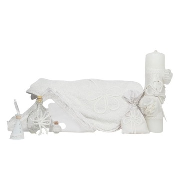 Set Trusou Botez complet cu Lumanare pentru biserica, Odorul Mamei, Ursitoarea cu Noroc, unicat, cu aplicatii - set 8 piese Set Trusou Botez complet cu Lumanare pentru biserica, Odorul Mamei, Ursitoarea cu Noroc, unicat, cu aplicatii - set 8 piese