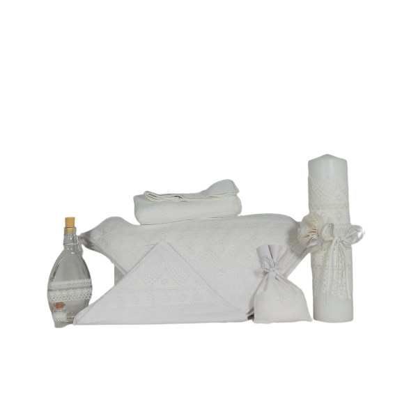 Set Trusou Botez complet pentru biserica, cu lumanare din ceara naturala, Odorul Mamei, Dantela Diafana, unicat, , Set 8 piese