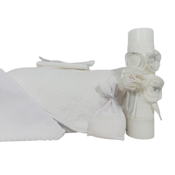 Set Trusou Botez complet si Lumanare pentru biserica, Odorul Mamei, Fulgi de Nea, unicat, - set 8 piese
