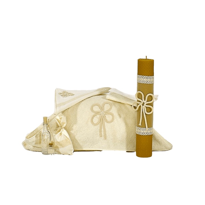 Set Trusou Botez complet cu Lumanare pentru biserica, Odorul Mamei, Ivoire, Dantela Ivoire, unicat, handmade, set 9 piese