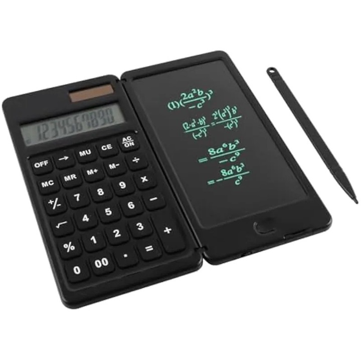 Научен калкулатор K0579-CJ-260911-2380, 10-цифрен дисплей, двойно захранване соларно и батерия, сгъваема дъска за писане 6 инча със стилус, черен