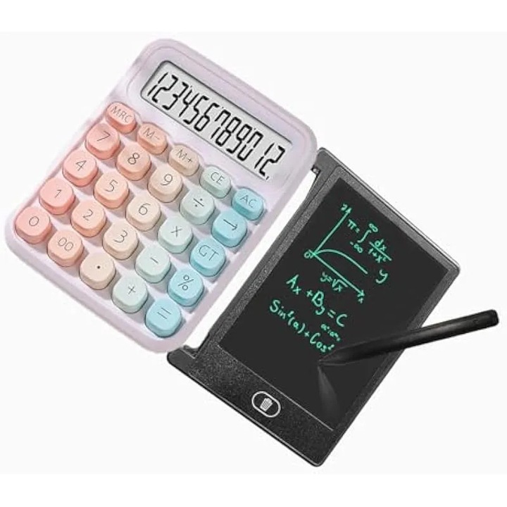 Калкулатор с LCD таблет за писане K0579-CJ-260911-2475, 12-цифрен LCD дисплей, 4,4 инчов изтриваем таблет, големи кръгли бутони, многоцветен