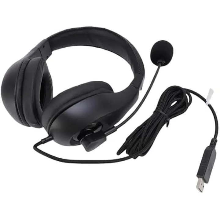 Слушалки USB с микрофон с гъвкаво рамо, K0584-CJ-260911-3274, микрофон тип „гъша шия“ 22 см, кабел 2,8 м, PU възглавнички, прибираща се лента за глава, контроли за сила на звука/микрофон, черни