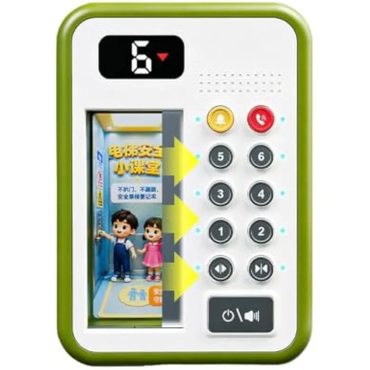 Играчка панел асансьор K0584-CJ-260911-034, със звук и светлина, цифрови бутони и моторизирана плъзгаща се врата, вендузи за фиксиране, контрол на силата на звука 4 степени, против прищипване, бял/зелен