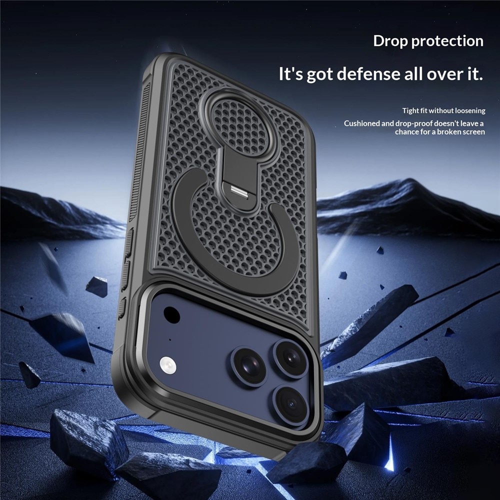 Husa pentru iPhone 18 Pro Max compatibila cu MagSafe Anti-Soc, Design Mesh, Inel Rotativ 360, Negru
