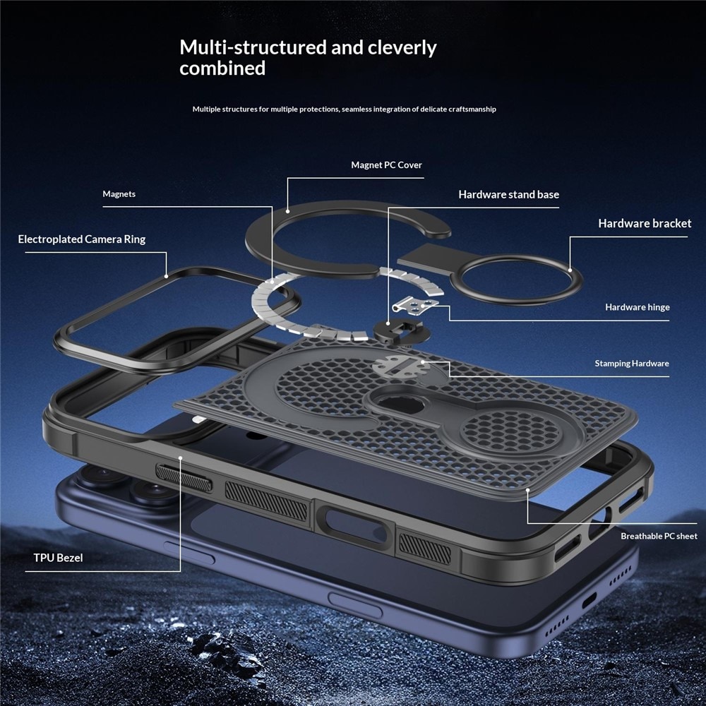 Husa pentru iPhone 18 Pro Max compatibila cu MagSafe Anti-Soc, Design Mesh, Inel Rotativ 360, Negru
