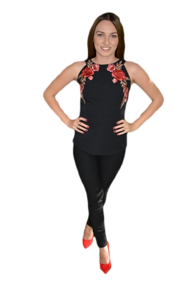 Bluza eleganta cu broderie florala in fata, D&J Exclusive, Negru/Rosu