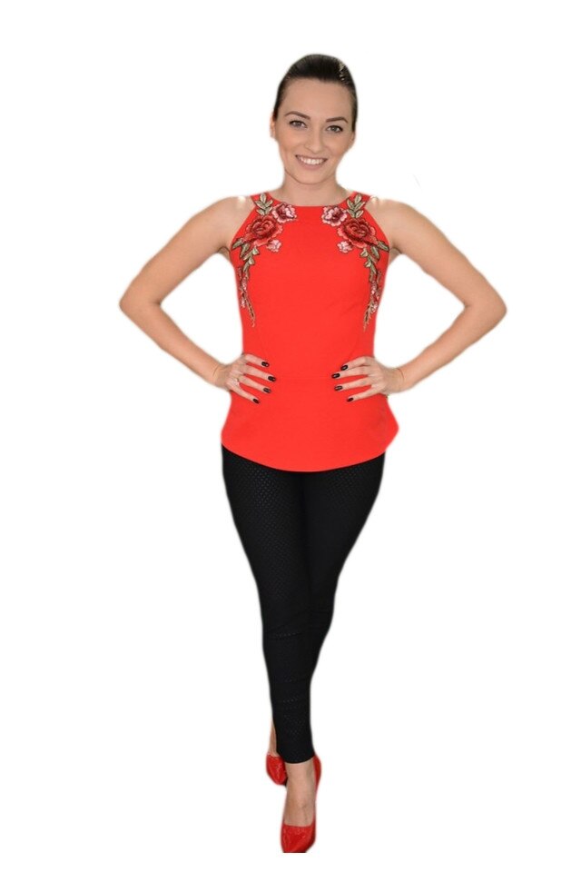 Bluza eleganta cu broderie florala in fata, D&J Exclusive, Rosu